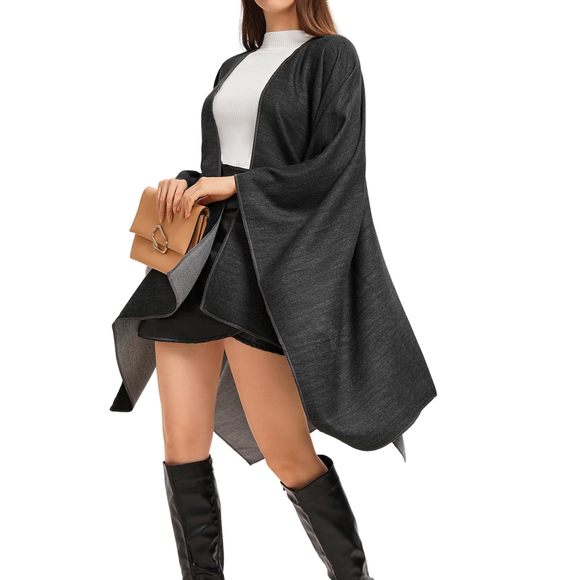Women's Shawl Wrap Poncho Sweater Open Front Cape For Fall Winter,solid-black🤟 - Picture 3 of 6